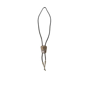 Vintage Bolo Tie Horse Silver Woven Black Leather Etched Zodiac Western